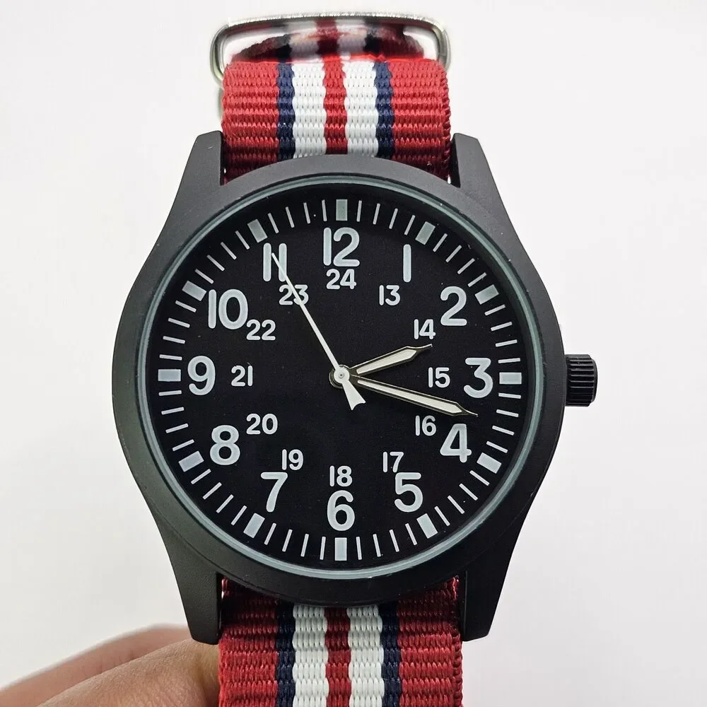 Men's Military Watch 42MM Large Case Black Dial Red Blue White Canvas Band Strap